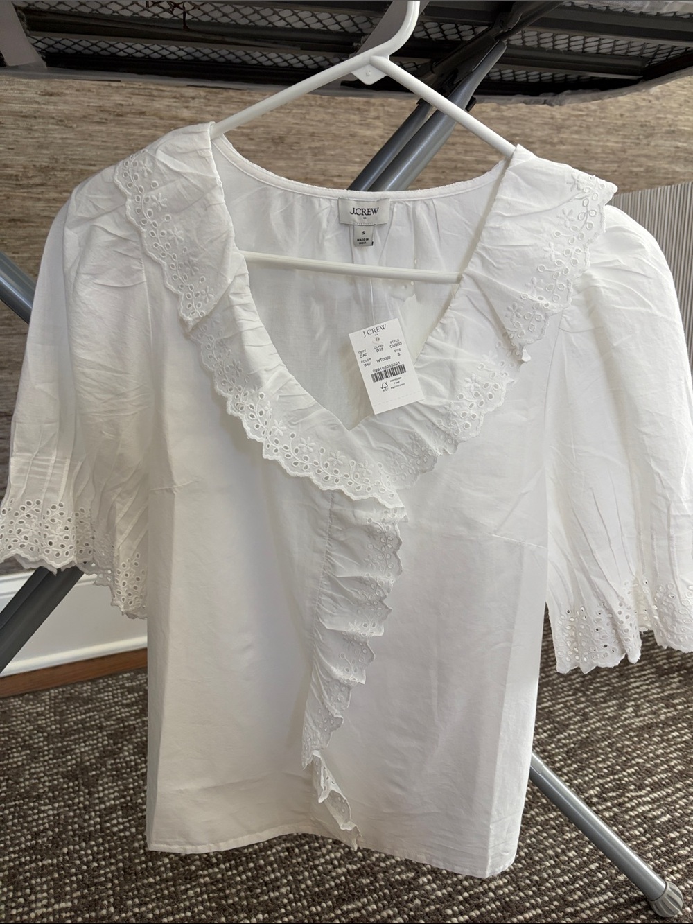J. Crew White Eyelet Ruffle V-Neck Blouse with Scalloped Sleeves